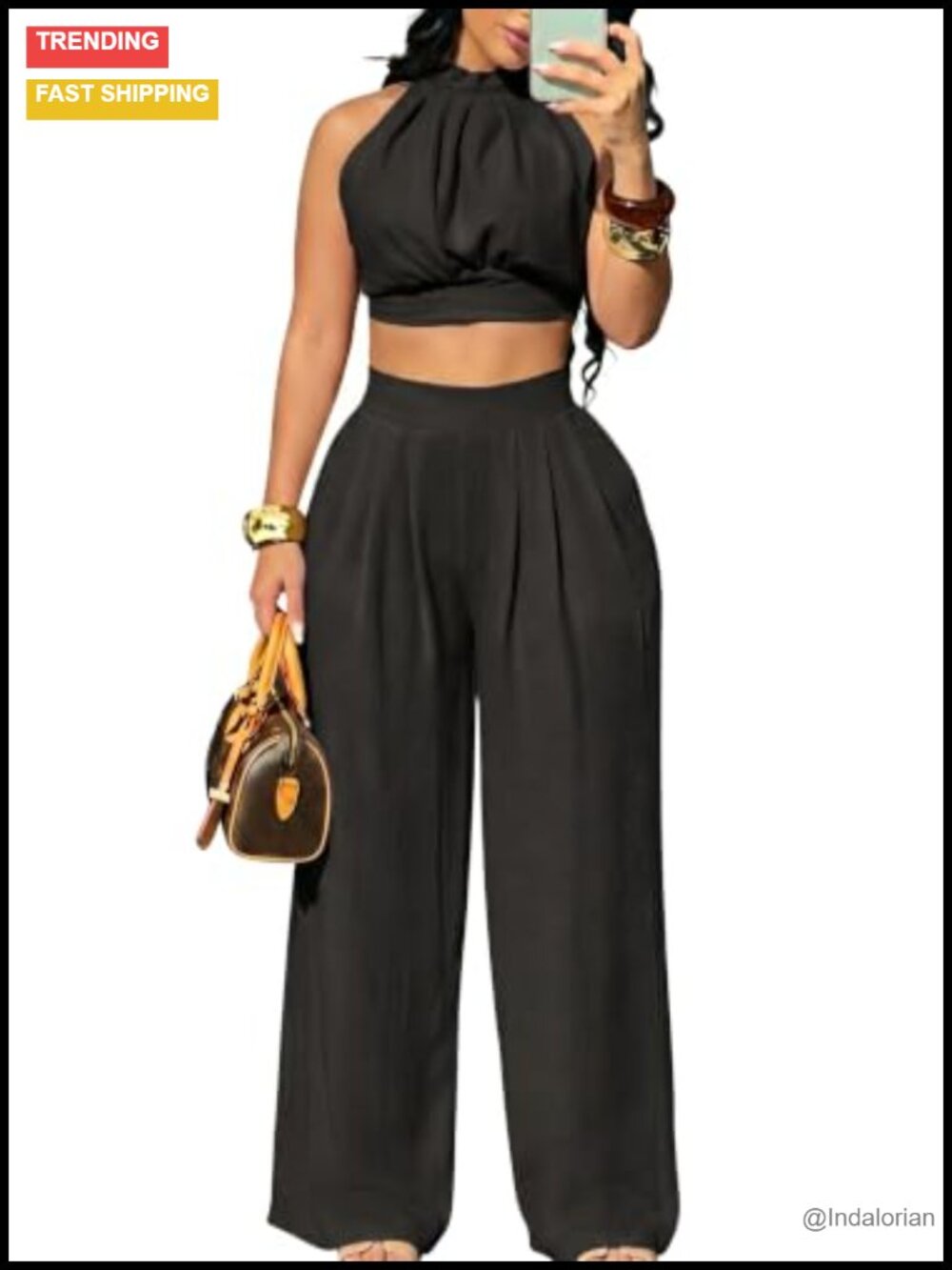 Women's 2 Piece Backless Crop Top Wide Leg Pants Set Polyester
